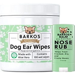 Barkos Pet Supplies Dog Ear Cleaner Wipes + Nose Balm for Dogs | Bulldog, French Bulldog, Pug, English Bulldog | Cleans & Soothes Ears, Wrinkles, Folds, Tear Stain